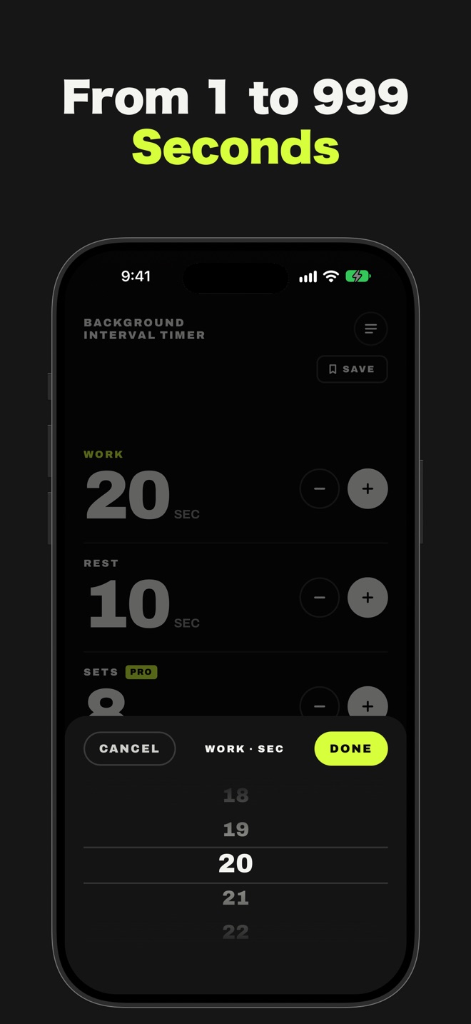Work 1–999 seconds, rest 0–999 seconds